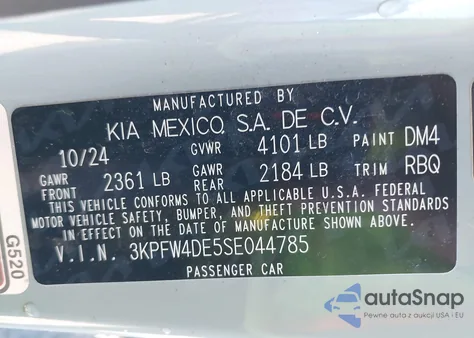 2025 Kia K4 Gt-Line z USA, uszkodzony, nr VIN 3KPFW4DE5SE044785